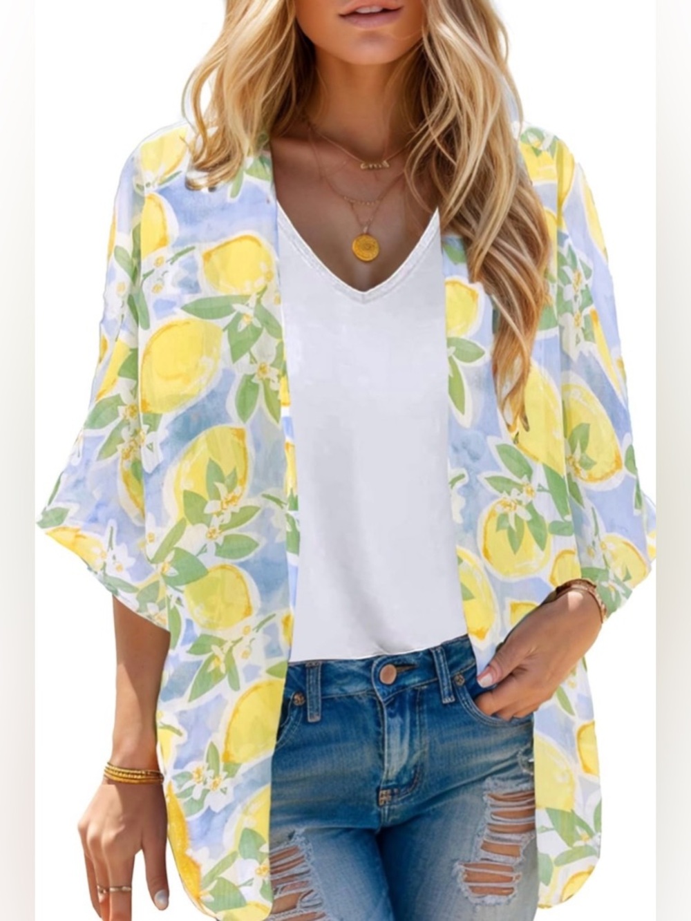 Moss Rose NWT Lemon Print Chiffon Kimono Beach Cover Up One Size Yellow
